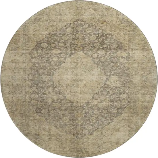 8' Brown Beige And Taupe Medallion Washable Round Rug With UV Protection Photo 1
