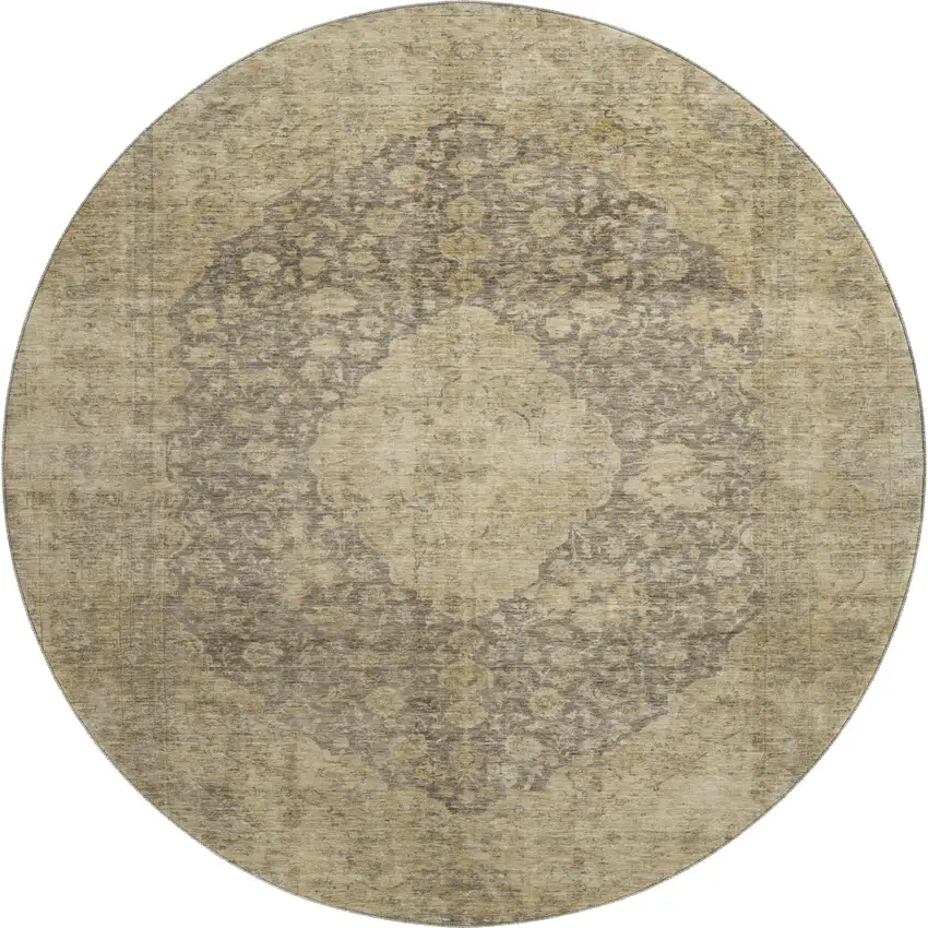 8' Brown Beige And Taupe Medallion Washable Round Rug With UV Protection Photo 1
