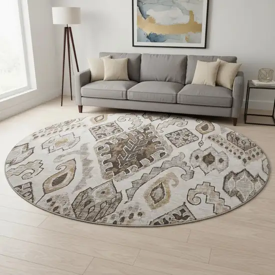 8' Brown Beige And Taupe Moroccan Washable Round Rug With UV Protection Photo 2