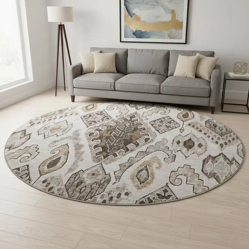 8' Brown Beige And Taupe Moroccan Washable Round Rug With UV Protection Photo 2