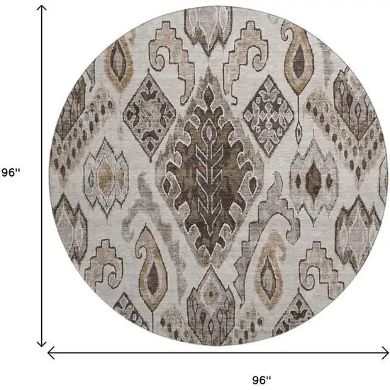 8' Brown Beige And Taupe Moroccan Washable Round Rug With UV Protection Photo 9