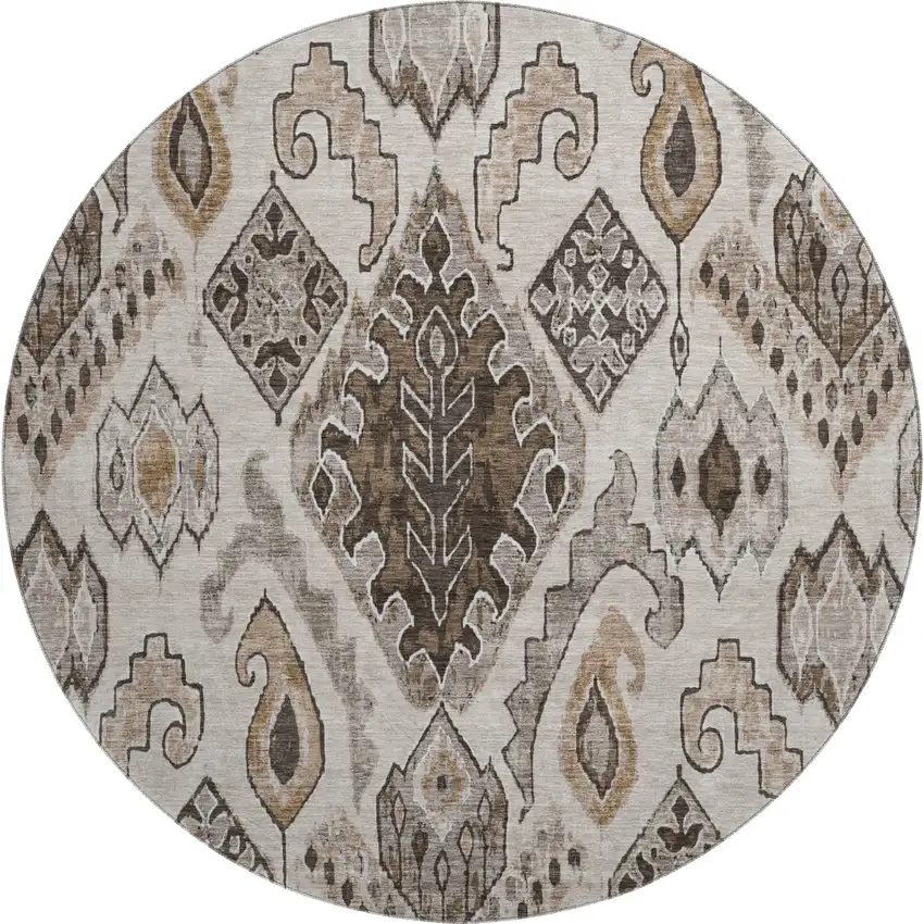 8' Brown Beige And Taupe Moroccan Washable Round Rug With UV Protection Photo 1