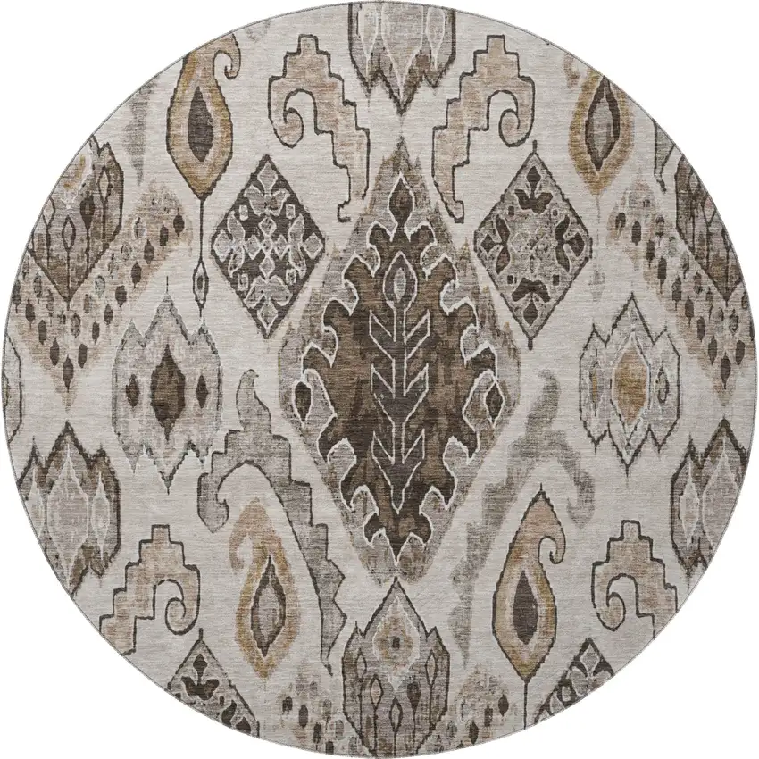 8' Brown Beige And Taupe Moroccan Washable Round Rug With UV Protection Photo 3