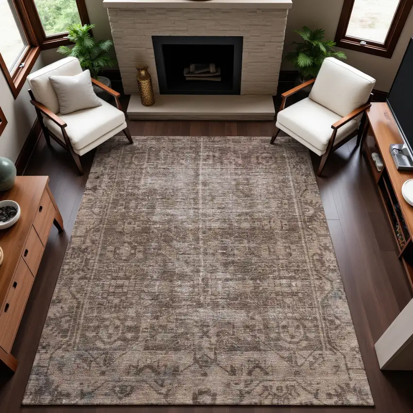 8' Brown Beige And Taupe Oriental Washable Area Rug With UV Protection Photo 5