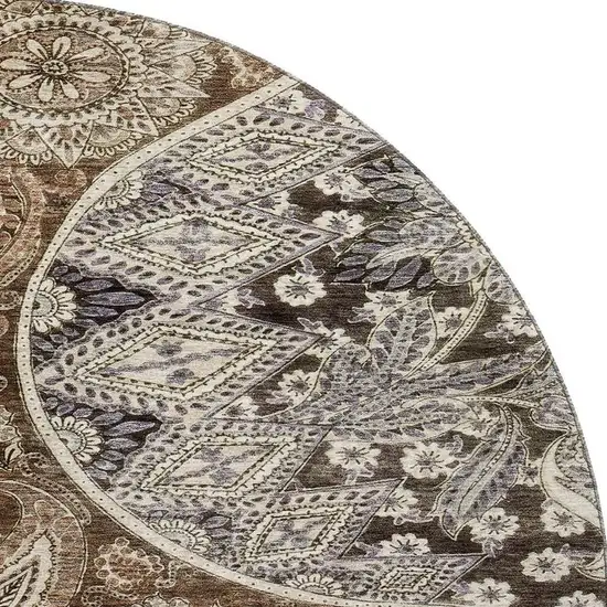 8' Brown Beige And Taupe Paisley Washable Round Rug With UV Protection Photo 2