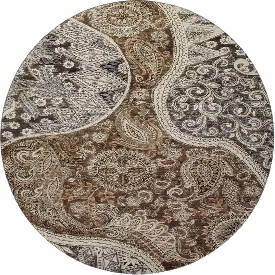 8' Brown Beige And Taupe Paisley Washable Round Rug With UV Protection Photo 3