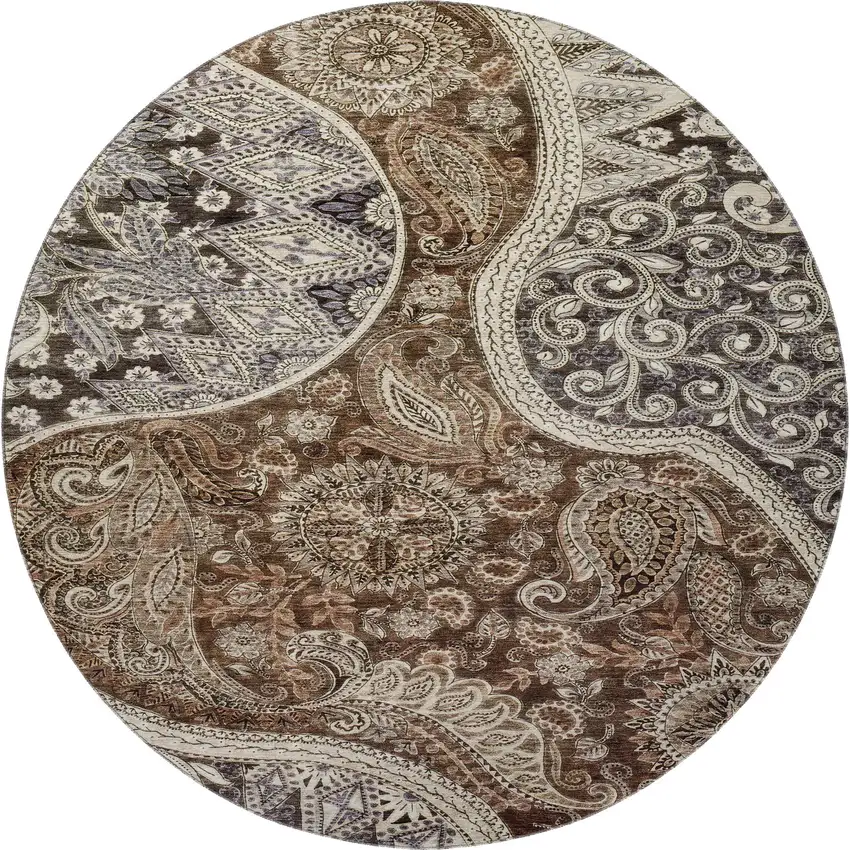 8' Brown Beige And Taupe Paisley Washable Round Rug With UV Protection Photo 3