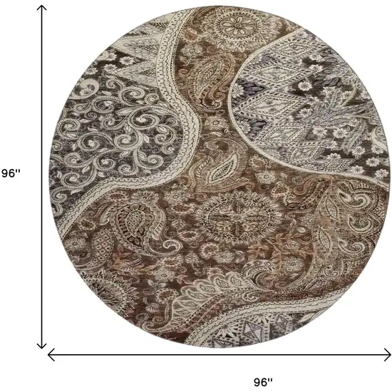 8' Brown Beige And Taupe Paisley Washable Round Rug With UV Protection Photo 9