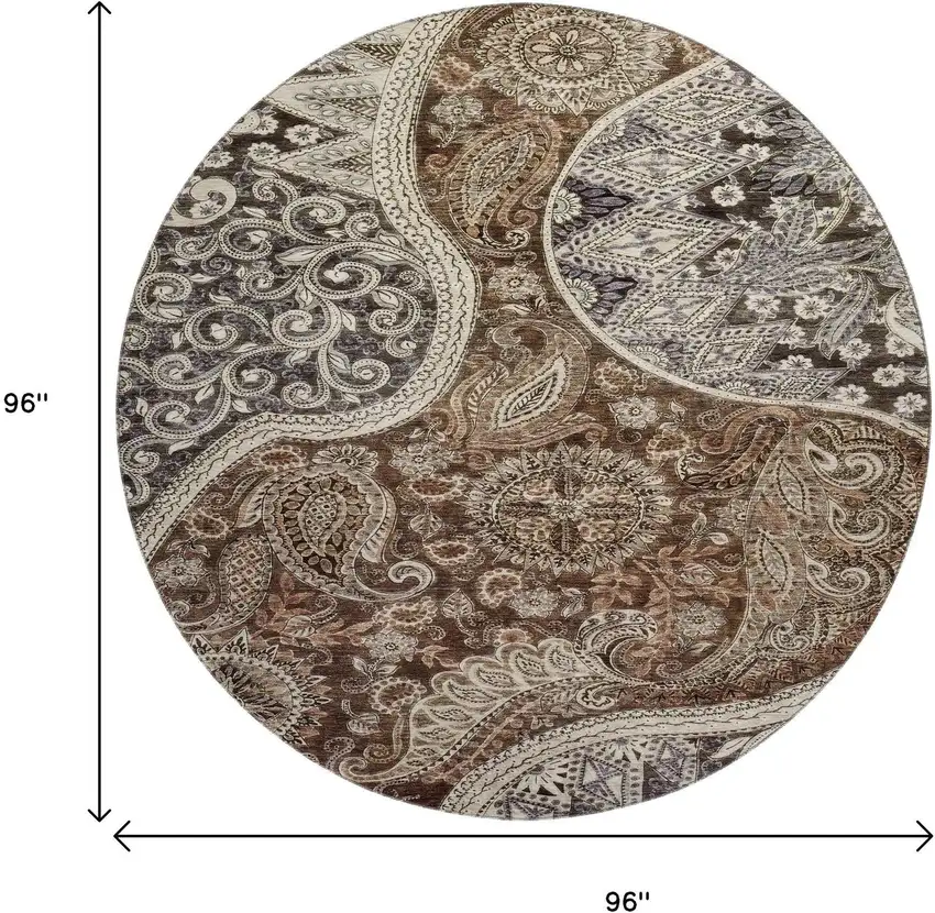8' Brown Beige And Taupe Paisley Washable Round Rug With UV Protection Photo 9