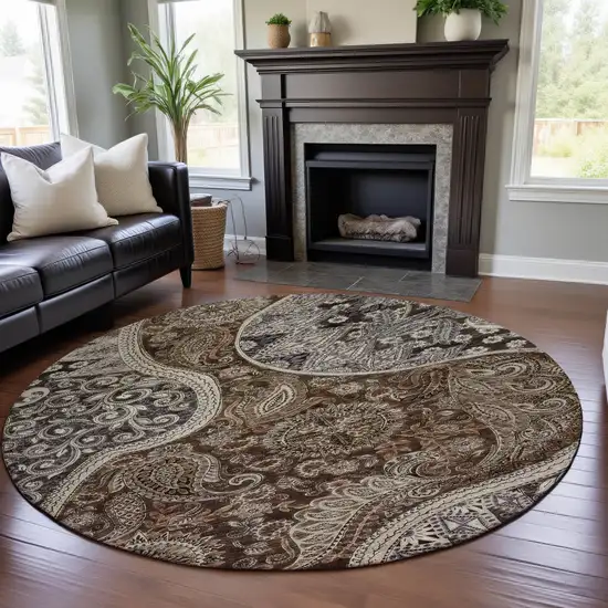 8' Brown Beige And Taupe Paisley Washable Round Rug With UV Protection Photo 4