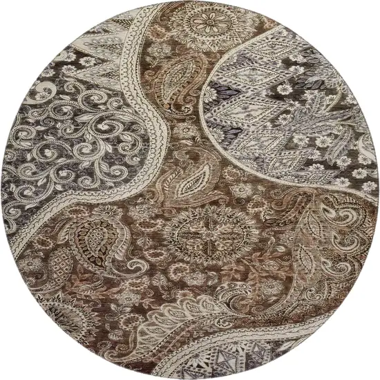 8' Brown Beige And Taupe Paisley Washable Round Rug With UV Protection Photo 1