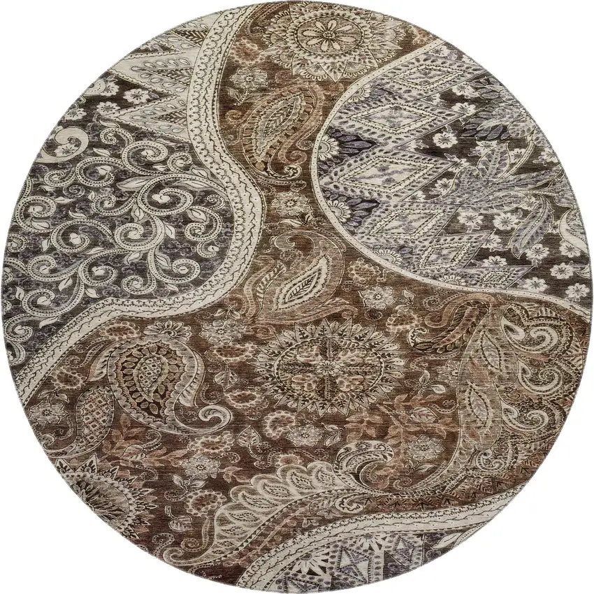 8' Brown Beige And Taupe Paisley Washable Round Rug With UV Protection Photo 1
