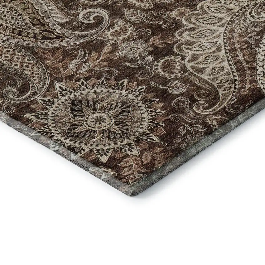 8' Brown Beige And Taupe Paisley Washable Round Rug With UV Protection Photo 6