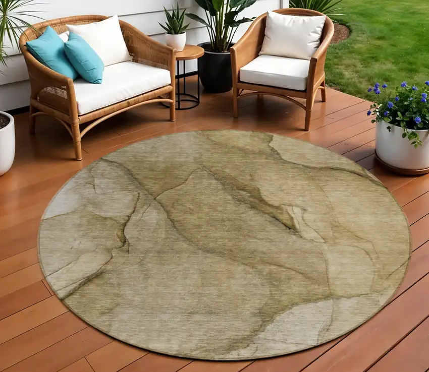 8' Brown Beige And Taupe Round Abstract Washable Indoor Outdoor Area Rug Photo 1