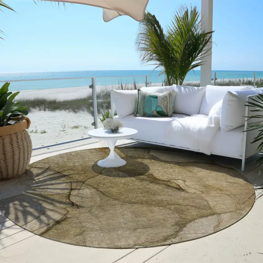 8' Brown Beige And Taupe Round Abstract Washable Indoor Outdoor Area Rug Photo 5