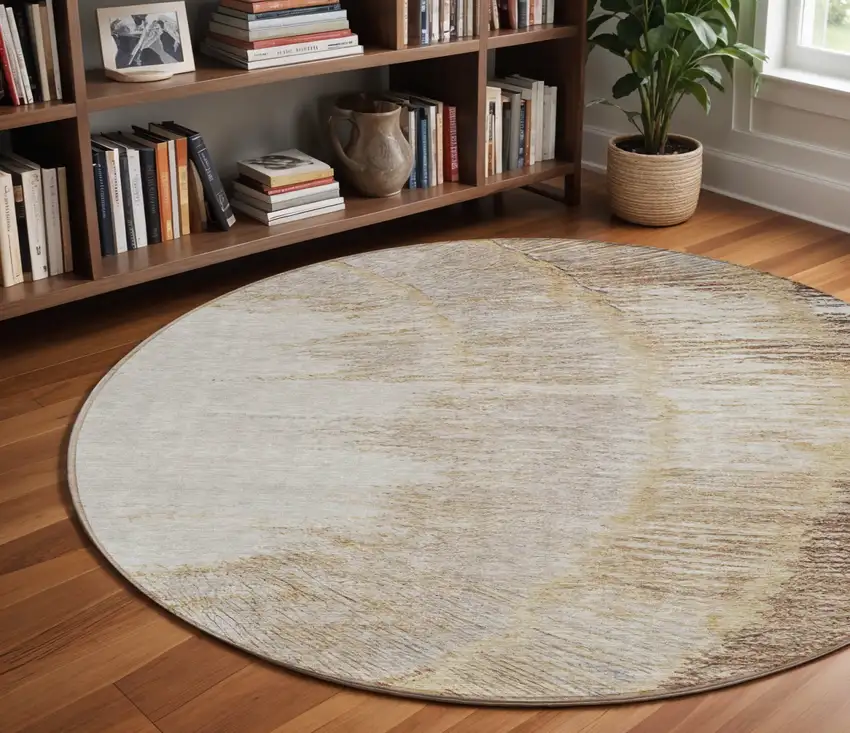 8' Brown Beige And Taupe Round Abstract Washable Indoor Outdoor Area Rug Photo 9