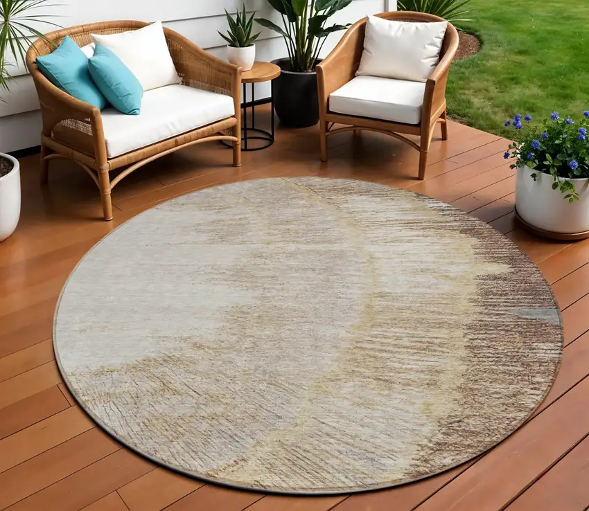 8' Brown Beige And Taupe Round Abstract Washable Indoor Outdoor Area Rug Photo 1
