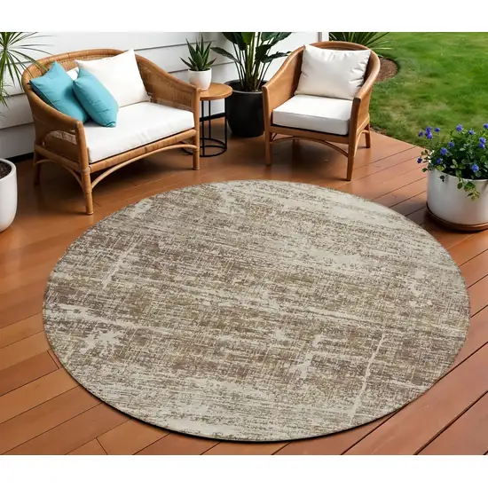 8' Brown Beige And Taupe Round Abstract Washable Indoor Outdoor Area Rug Photo 1