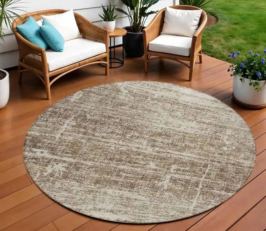 8' Brown Beige And Taupe Round Abstract Washable Indoor Outdoor Area Rug Photo 1
