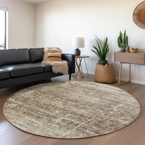 8' Brown Beige And Taupe Round Abstract Washable Indoor Outdoor Area Rug Photo 7