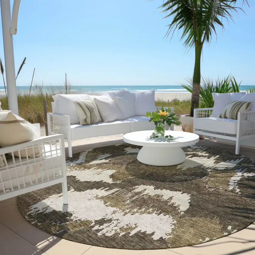 8' Brown Beige And Taupe Round Abstract Washable Indoor Outdoor Area Rug Photo 7
