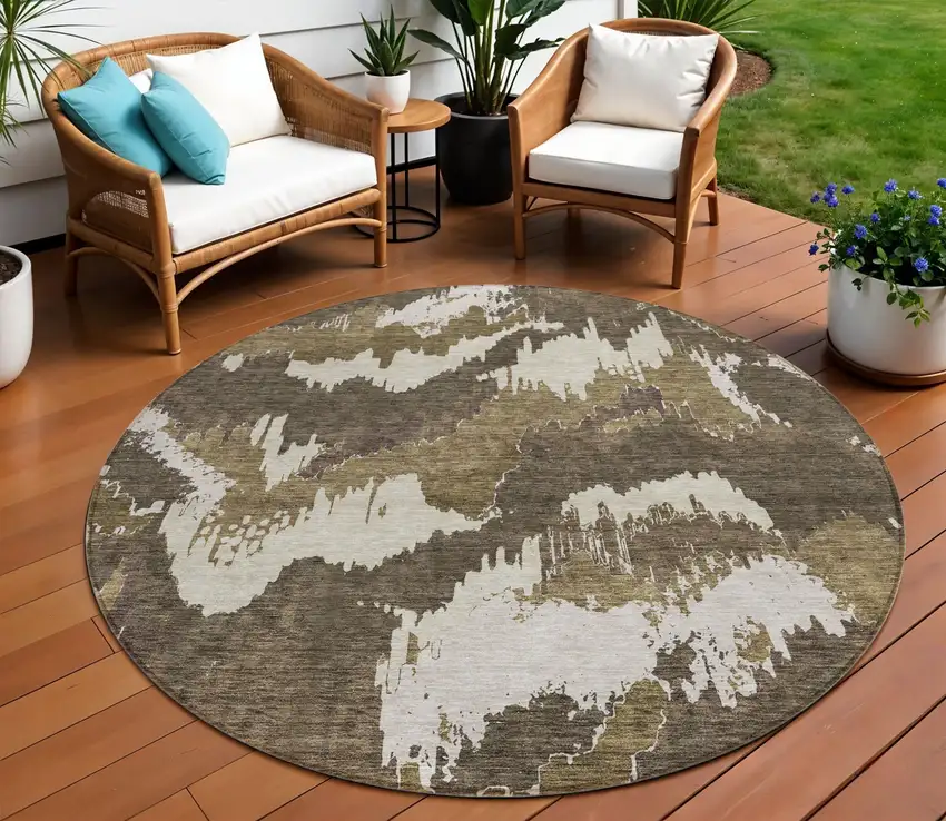 8' Brown Beige And Taupe Round Abstract Washable Indoor Outdoor Area Rug Photo 1