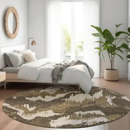 8' Brown Beige And Taupe Round Abstract Washable Indoor Outdoor Area Rug Photo 8