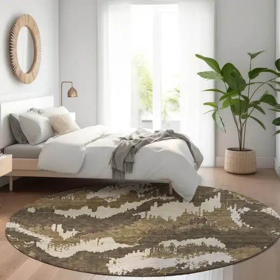 8' Brown Beige And Taupe Round Abstract Washable Indoor Outdoor Area Rug Photo 8