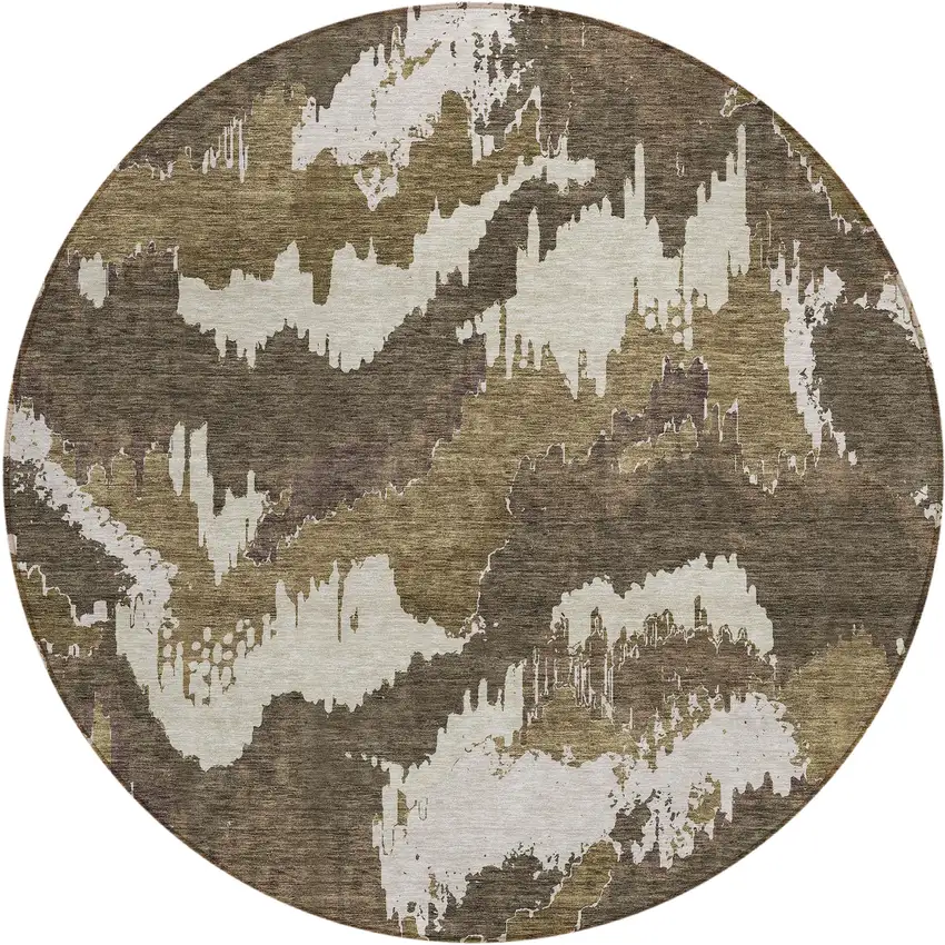 8' Brown Beige And Taupe Round Abstract Washable Indoor Outdoor Area Rug Photo 2