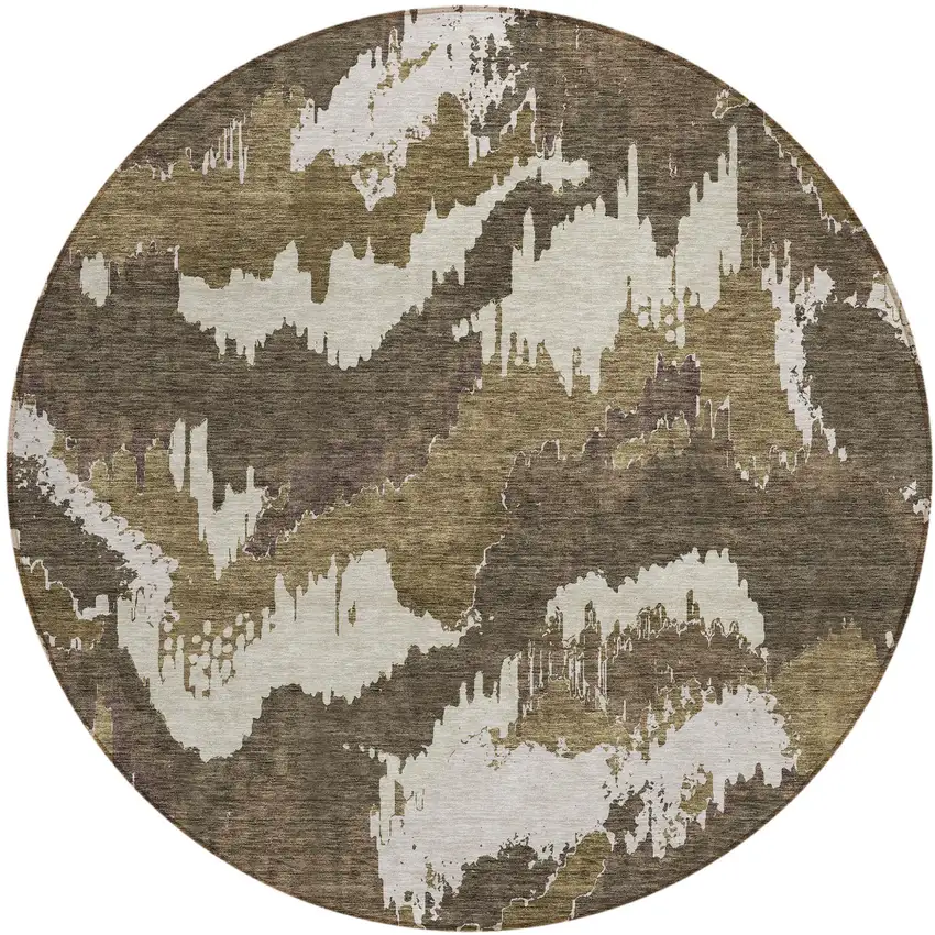 8' Brown Beige And Taupe Round Abstract Washable Indoor Outdoor Area Rug Photo 2