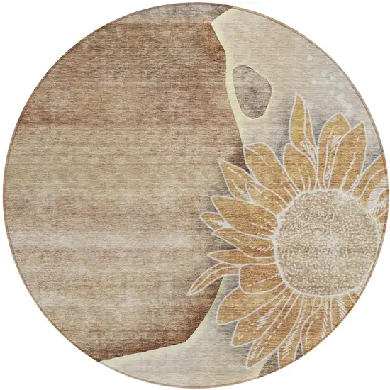 8' Brown Beige And Taupe Round Floral Washable Indoor Outdoor Area Rug Photo 1