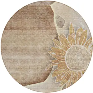 Photo of 8' Brown Beige And Taupe Round Floral Washable Indoor Outdoor Area Rug