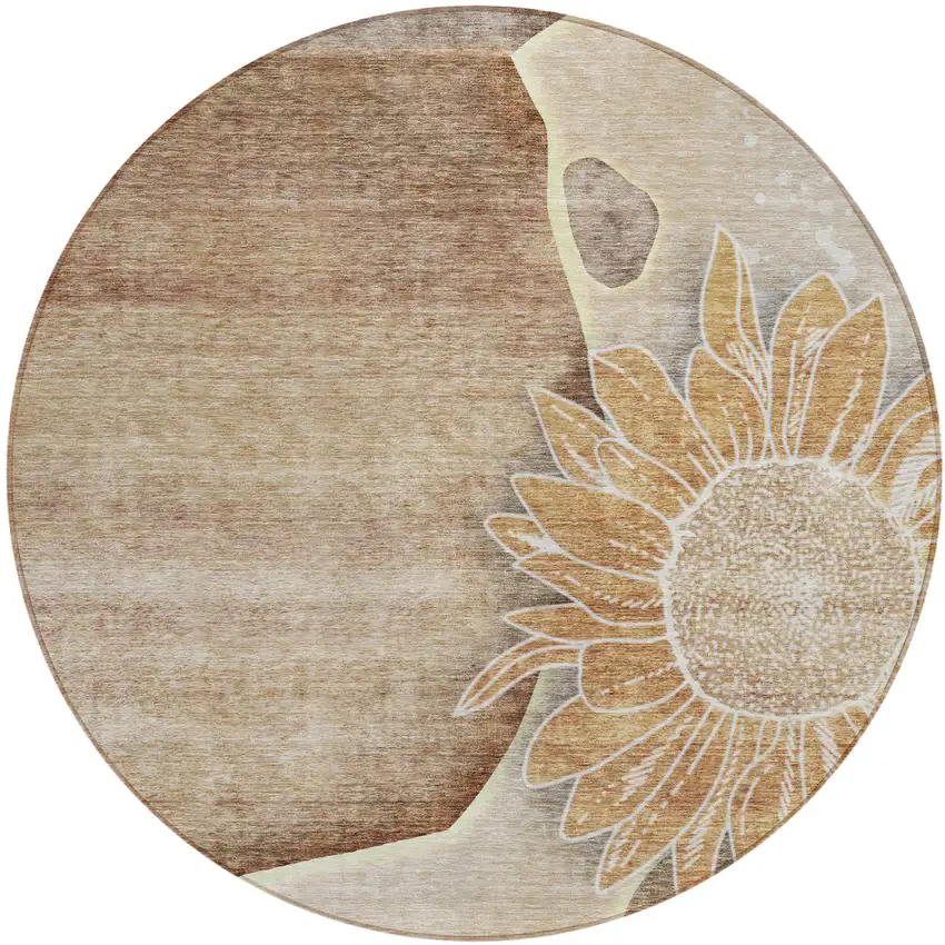 8' Brown Beige And Taupe Round Floral Washable Indoor Outdoor Area Rug Photo 1