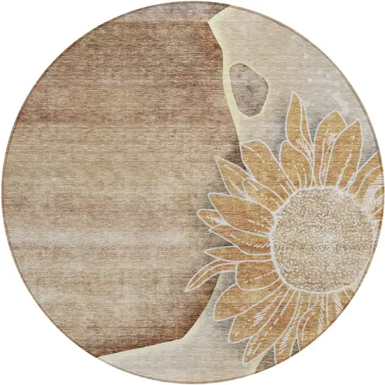 8' Brown Beige And Taupe Round Floral Washable Indoor Outdoor Area Rug Photo 1