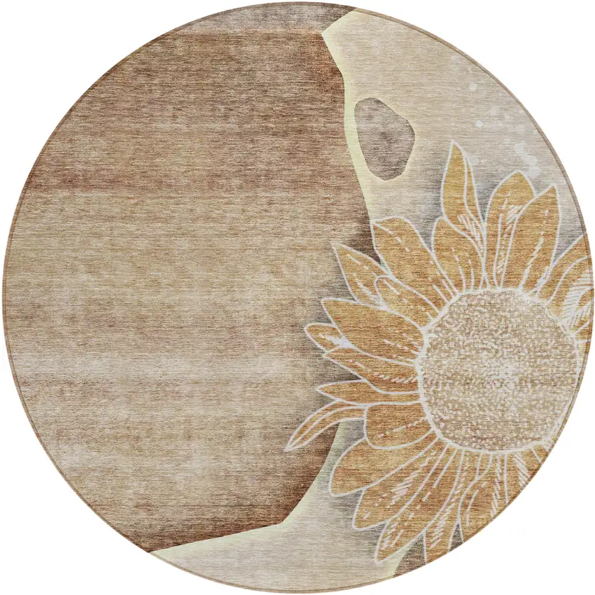 8' Brown Beige And Taupe Round Floral Washable Indoor Outdoor Area Rug Photo 1