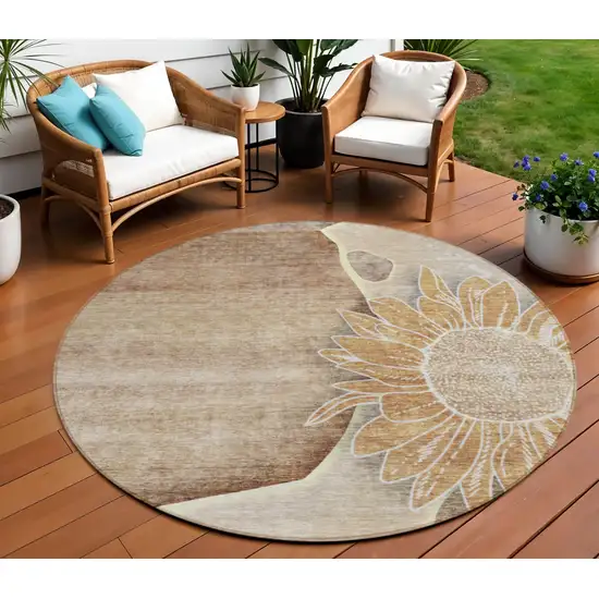 8' Brown Beige And Taupe Round Floral Washable Indoor Outdoor Area Rug Photo 1