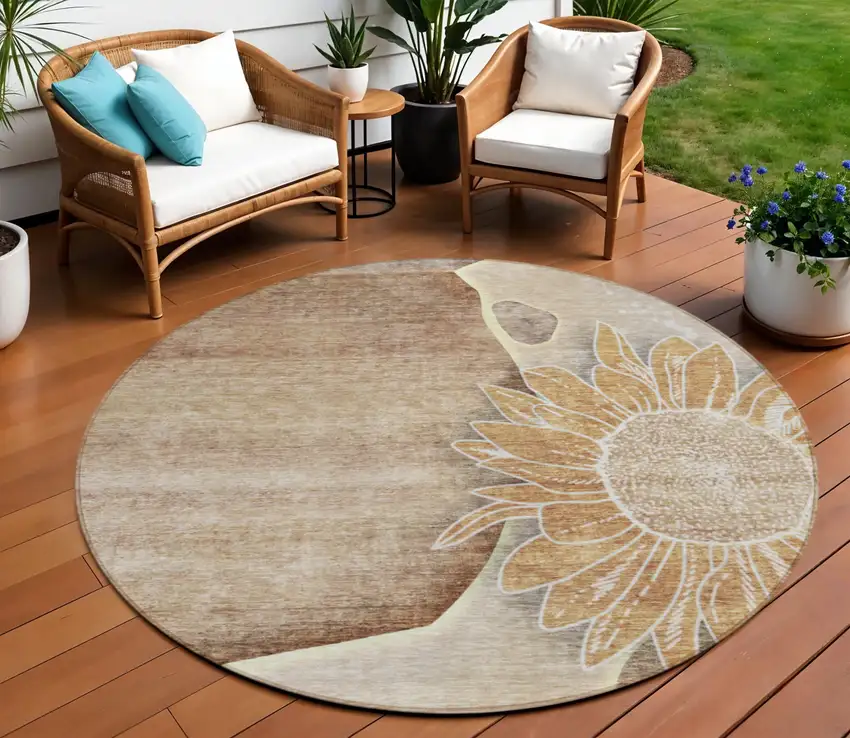 8' Brown Beige And Taupe Round Floral Washable Indoor Outdoor Area Rug Photo 1