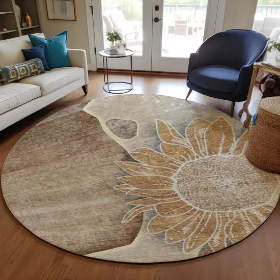 8' Brown Beige And Taupe Round Floral Washable Indoor Outdoor Area Rug Photo 8