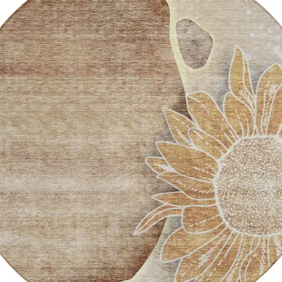 8' Brown Beige And Taupe Round Floral Washable Indoor Outdoor Area Rug Photo 5