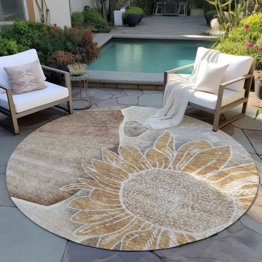 8' Brown Beige And Taupe Round Floral Washable Indoor Outdoor Area Rug Photo 7