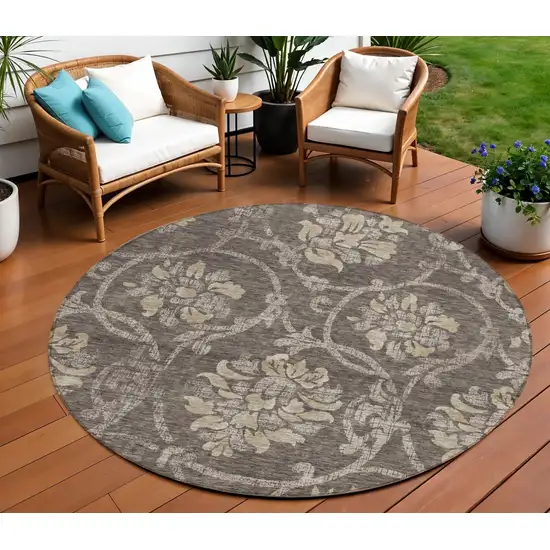 8' Brown Beige And Taupe Round Floral Washable Indoor Outdoor Area Rug Photo 1