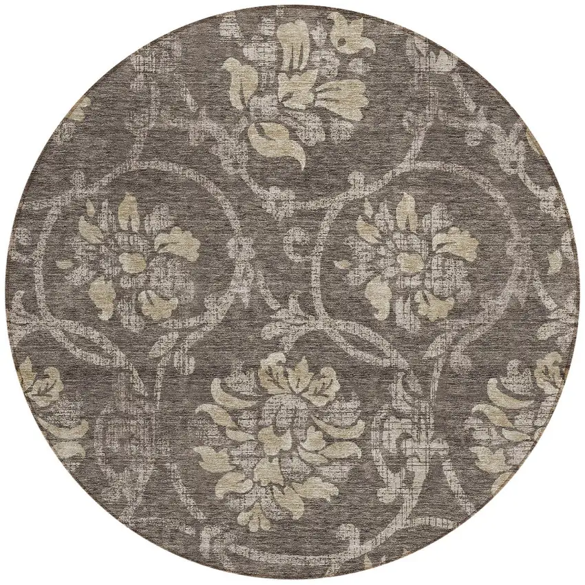 8' Brown Beige And Taupe Round Floral Washable Indoor Outdoor Area Rug Photo 5