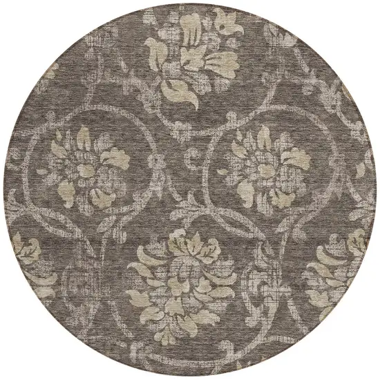 8' Brown Beige And Taupe Round Floral Washable Indoor Outdoor Area Rug Photo 5