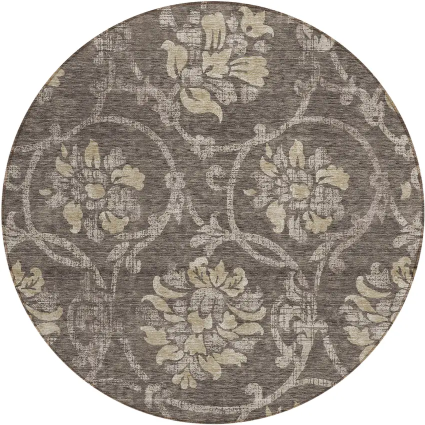 8' Brown Beige And Taupe Round Floral Washable Indoor Outdoor Area Rug Photo 1