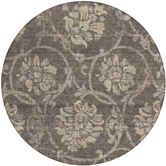 8' Brown Beige And Taupe Round Floral Washable Indoor Outdoor Area Rug Photo 1