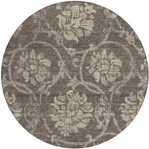 Photo of 8' Brown Beige And Taupe Round Floral Washable Indoor Outdoor Area Rug