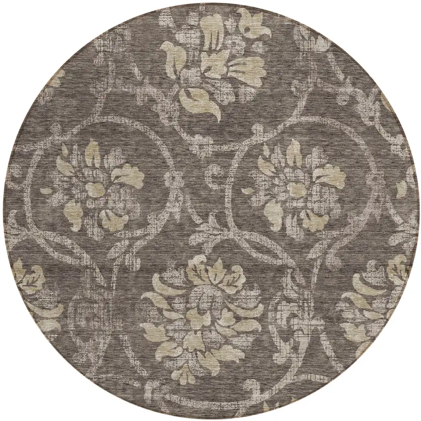 8' Brown Beige And Taupe Round Floral Washable Indoor Outdoor Area Rug Photo 1