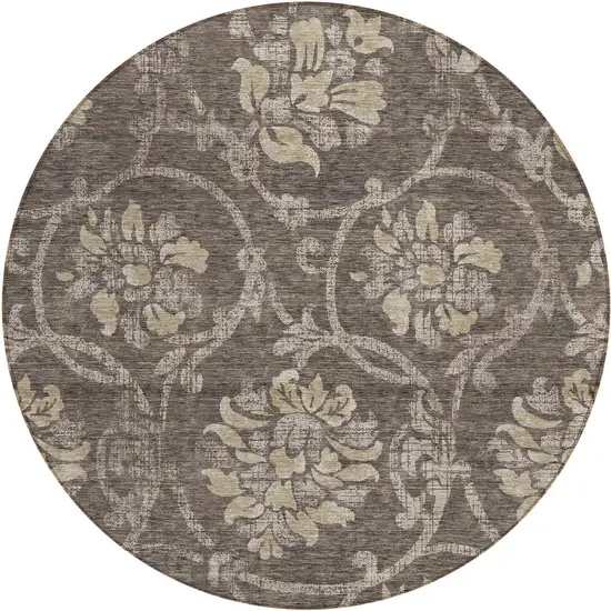 8' Brown Beige And Taupe Round Floral Washable Indoor Outdoor Area Rug Photo 1