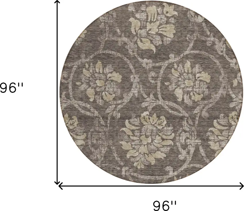8' Brown Beige And Taupe Round Floral Washable Indoor Outdoor Area Rug Photo 8