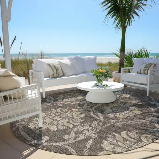 8' Brown Beige And Taupe Round Floral Washable Indoor Outdoor Area Rug Photo 6
